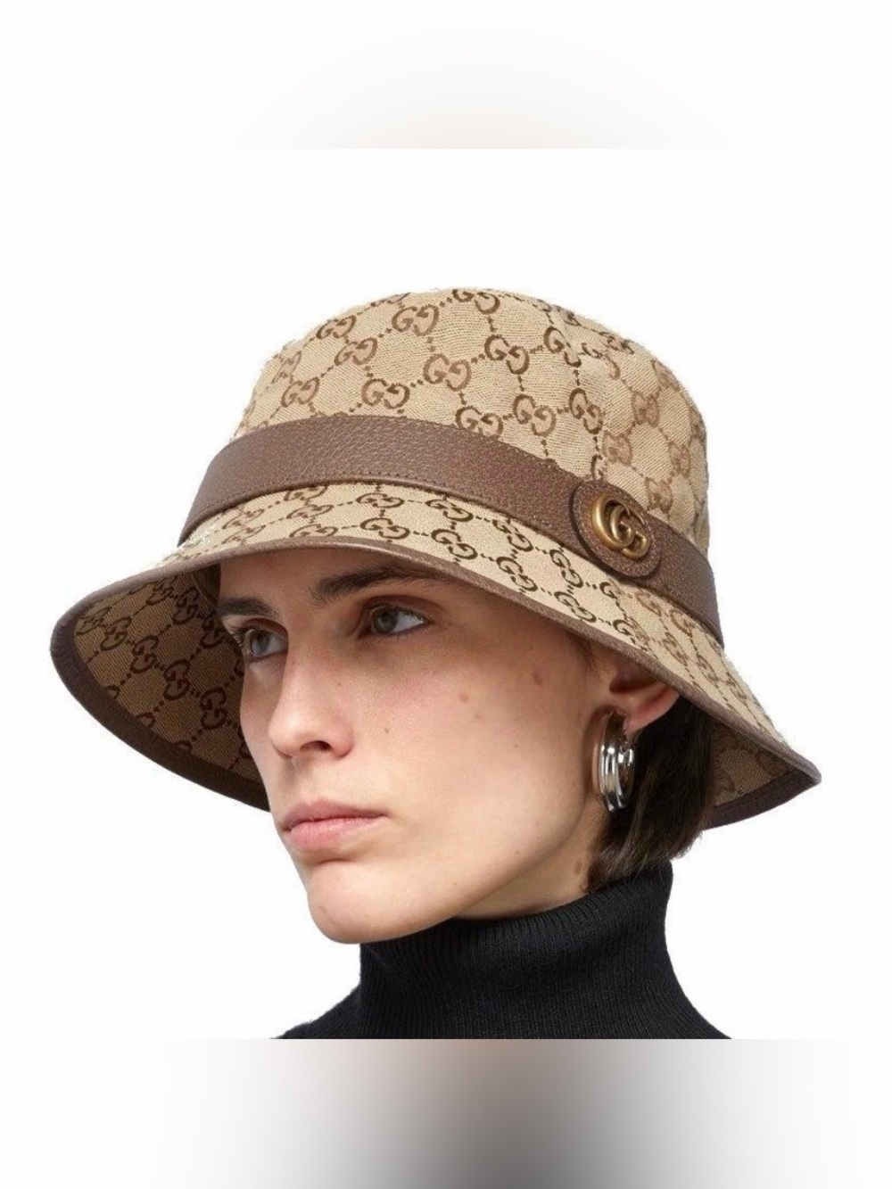Gucci Beige GG Canvas Bucket Hat with Brown Leather Band SIZE MEDIUM 58 CM